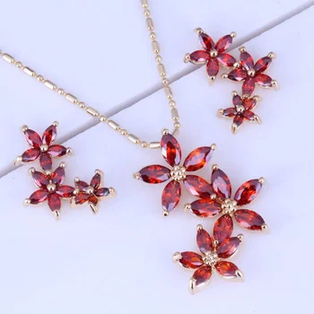 

Burning Red Imitation Garnet Flower Cluster Yellow Gold Color Necklace/Pendant/Stud Earrings Jewelry Sets for Women X0177