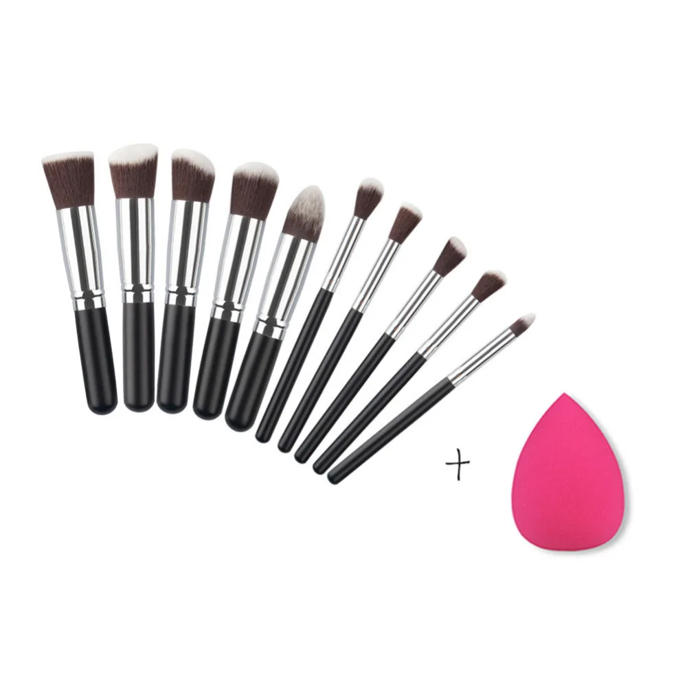 

10pcs Pro Foundation Powder Makeup Brush Set Face Contour Eyeshadow Blush Concealer Blending Brush Kit With Rose Red Puff