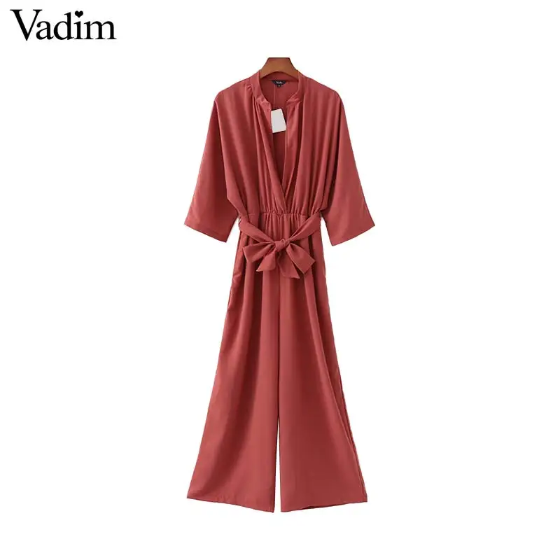 

Vadim women V neck jumpsuits bow tie sashes pockets three quarte sleeve elastic waist rompers female casual wear playsuits KA893