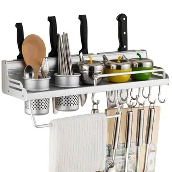 

Wall Mounted Pot Pan Rack Multifunctional Kitchen Bookshelf Storage Rack with Bottle Rack Silverware Caddy Cutlery Blocks Hang