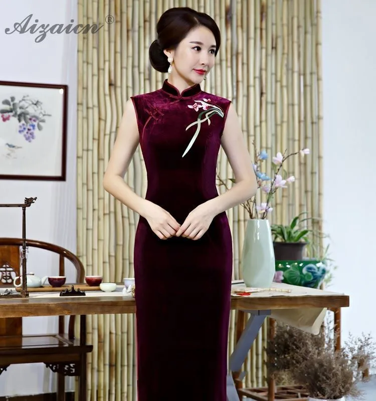 Новый бархат вышивка Cheongsam современный Китай тонкий темно зеленый длинное платье китайское традиционное Qipao Восточный стиль халат