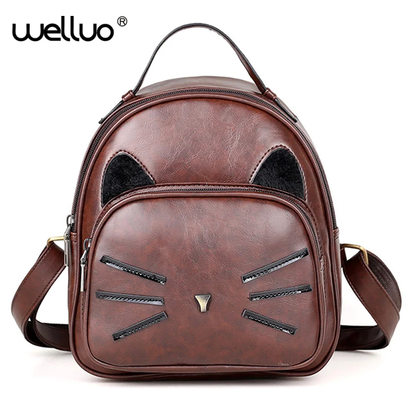 

Fashion Women Backpack High Quality PU Leather Backpacks Cute Cat Shoulder School Bags For Teenage Girls Mini Female mochila XA2