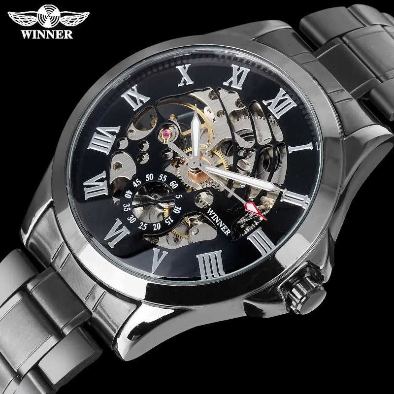Победитель бренд мужской моды механические часы из нержавеющей стали группа часы Мужская Скелет Черный наручные часы Relogio Masculino