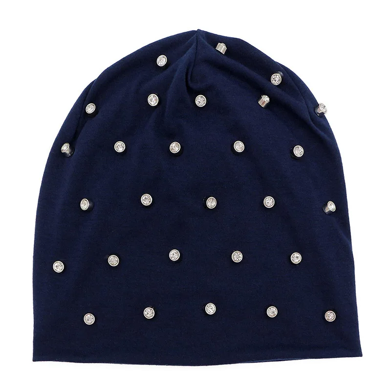 GZHiLovingL, однотонные хлопковые шапки-бини, стразы, для женщин, с громоздкостью, в стиле хип-хоп, Балаклава, шапка для женщин, девушек, полиэстер, большие размеры, тонкая шапка - Цвет: navy blue