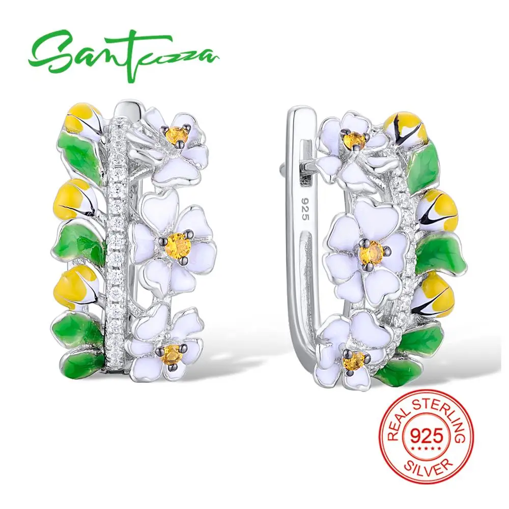 

SANTUZZA Silver Green Flower Earrings For Women 925 Sterling Silver Earrings Silver 925 Cubic Zirconia brincos Jewelry Enamel