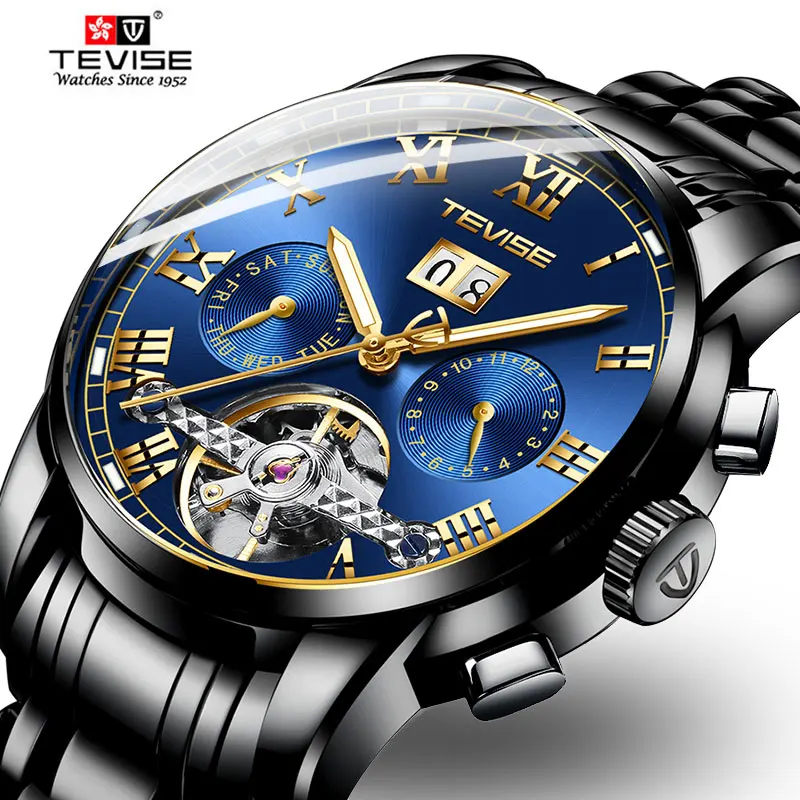 

Top Luxury Brand TEVISE Stainless Steel Automatic Mechanical Watch Men Tourbillon Calendar Wristwatch Relogio Masculino