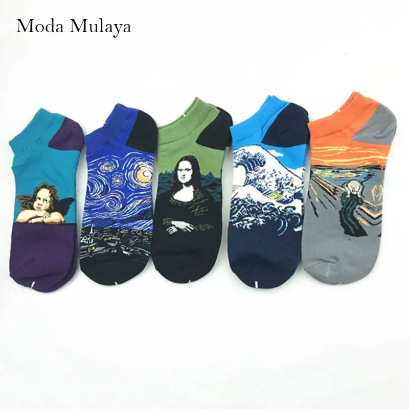 

2019 Latest Combed Cotton Men Socks Men Summer Thermal Van Gogh Art Print Happy Man Sock Cotton High Quality Ankle Socks for Man