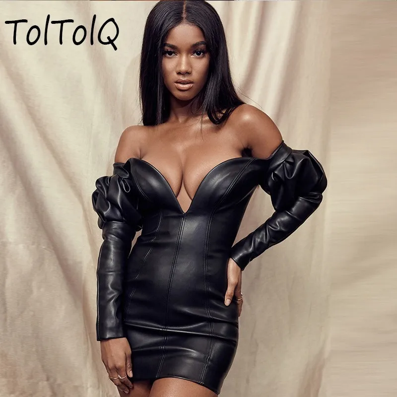 

2019 Fashion PU Leather Dress Women V Neck Mini Long Sleeve Off Shoulder Sexy Dress Belt Zipper Winter Black Short Dress Vestido