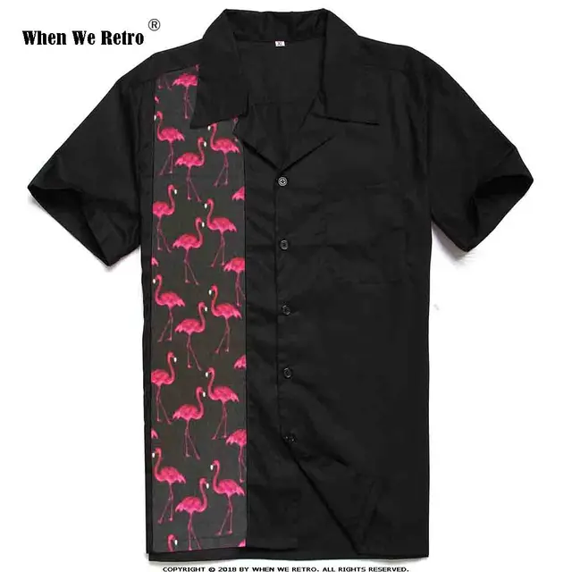 Special Price When We Retro 50's Inspired Button Up Bowling Men Shirt ST110 Red Flamingo Short Sleeve Cotton Black Vintage Classic  Shirt