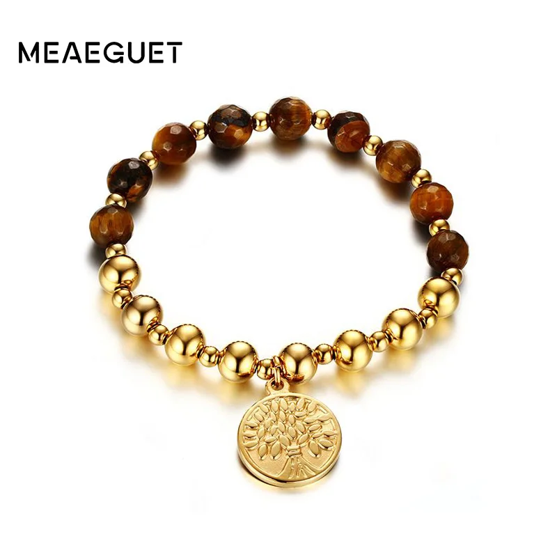 Meaeguet Women's Yoga Bracelets Stainless Steel Beaded Stretch Tree of Life Bracelet Lucky Charms Jewelry