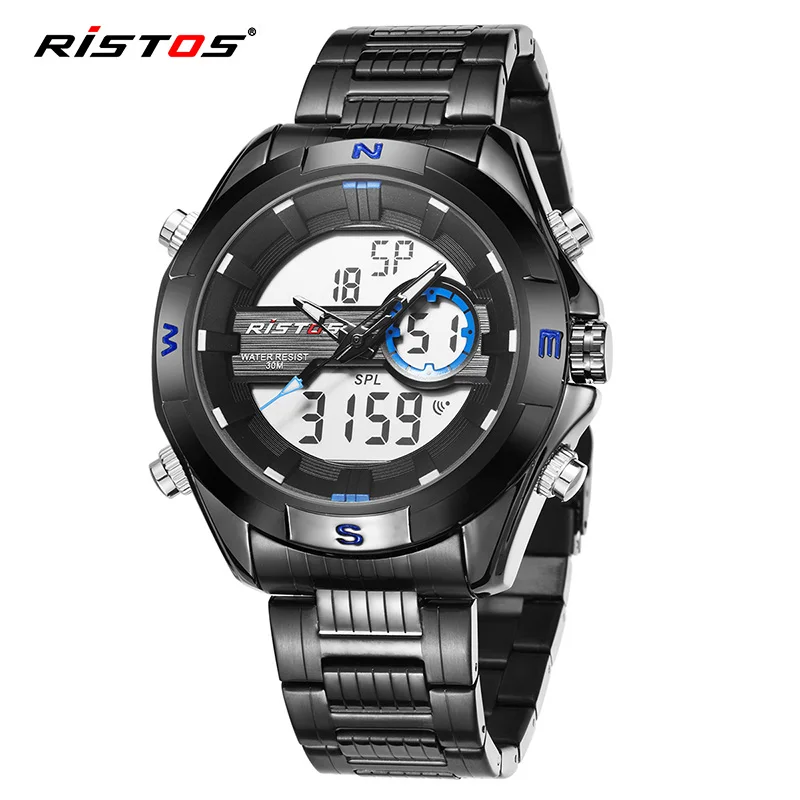 

RISTOS Led Quartz Dual Display Sport Watch Men Stainless Steel Military Alarm Man Clock Watches Relogio Masculino Digital 9369