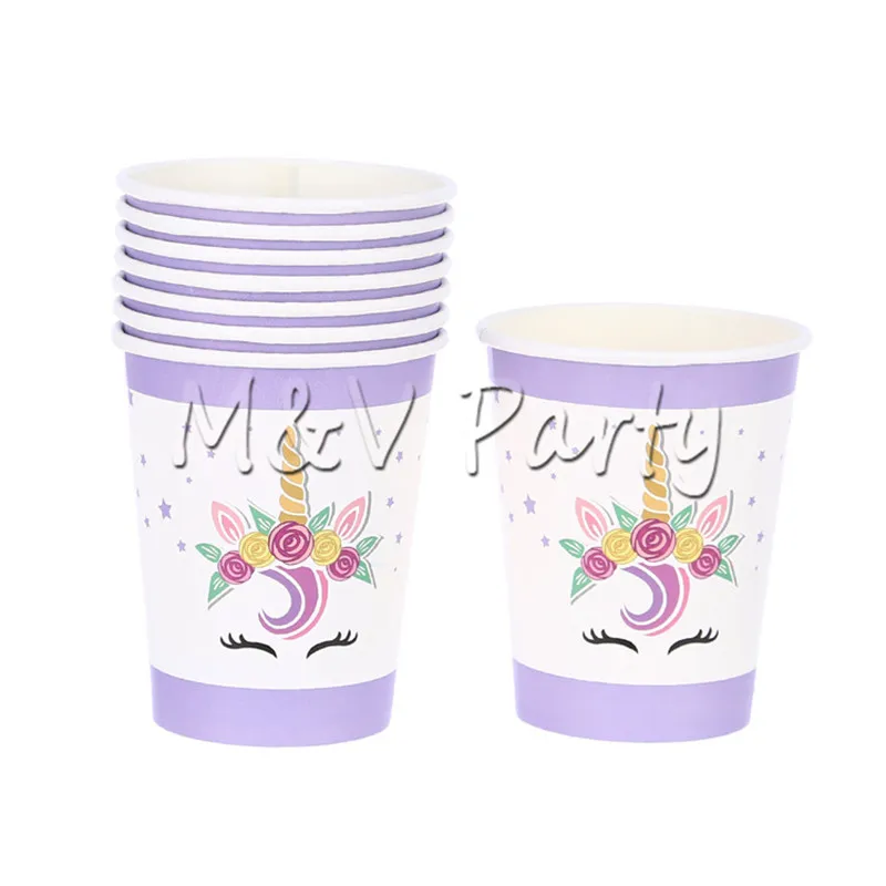 01 cup 8pcs Мультфильм Цвет единорог темативечерние Disposabke посуда бумажные чашки тарелки салфетка флаг День рождения Свадебная вечеринка украшения поставки - Цвет: 01 cup 8pcs
