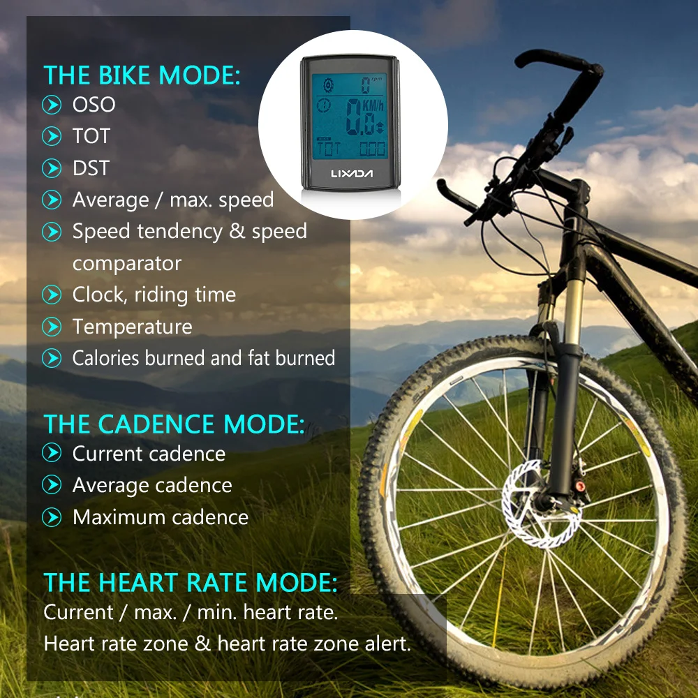 Lixada Wireless Bicycle Computer Bike Odometer Speedometer LCD Display 3 in 1 Cycling Computer With Cadence Heart Rate Monitor