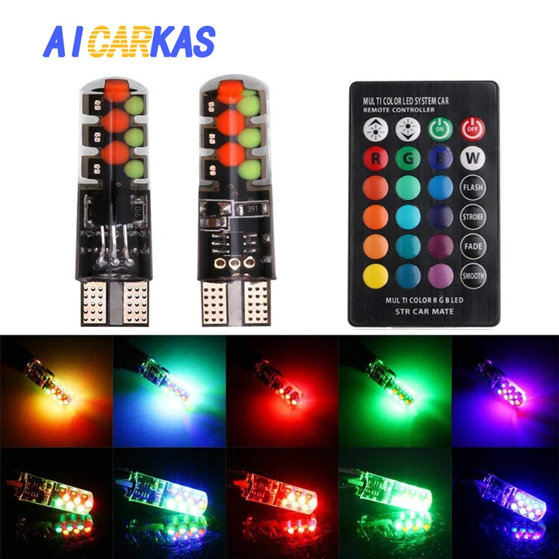 

AICARKAS 2 Pieces 12V T10 W5W LED Car LED Bulbs RGB With Remote Control 194 168 Interior Dome Reading Lights Side Marker Bulb