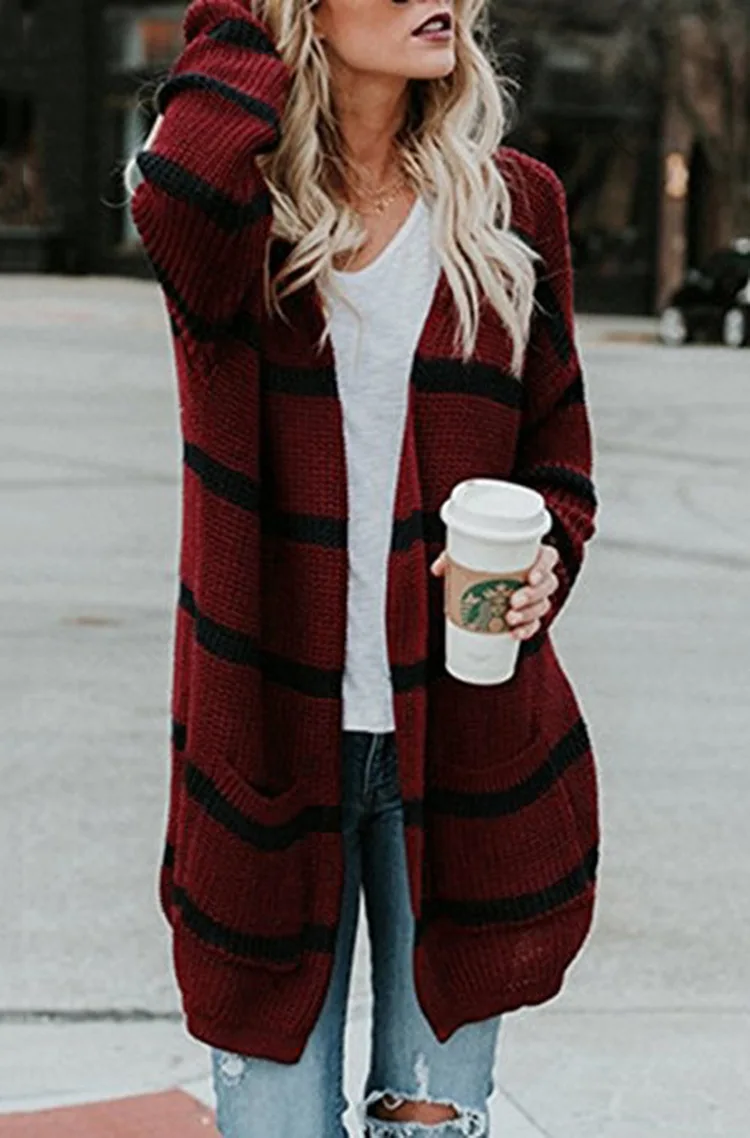 Новинка, женский свитер большого размера, уличная мода, Осень-зима, длинное Полосатое пальто, вязаный кардиган, куртка, пончо и накидки Ey