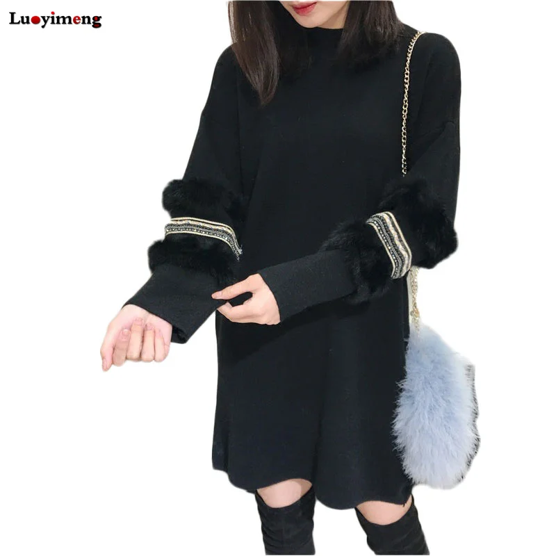 

Luoyimeng Winter Women Pearls Sweater Dress Faux Fur Oversized Turtleneck Pullovers Korean Lolita Long Sleeves Knit Pull Jumper