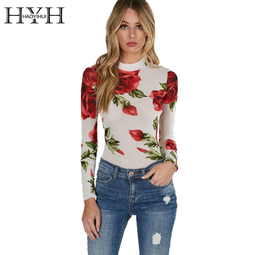 HYH HAOYIHUI Floral Print Turtleneck Bodycon Jumpsuits Women Long Sleeve Sexy Rose Elegant Mesh Slim Summer Female Bodysuits