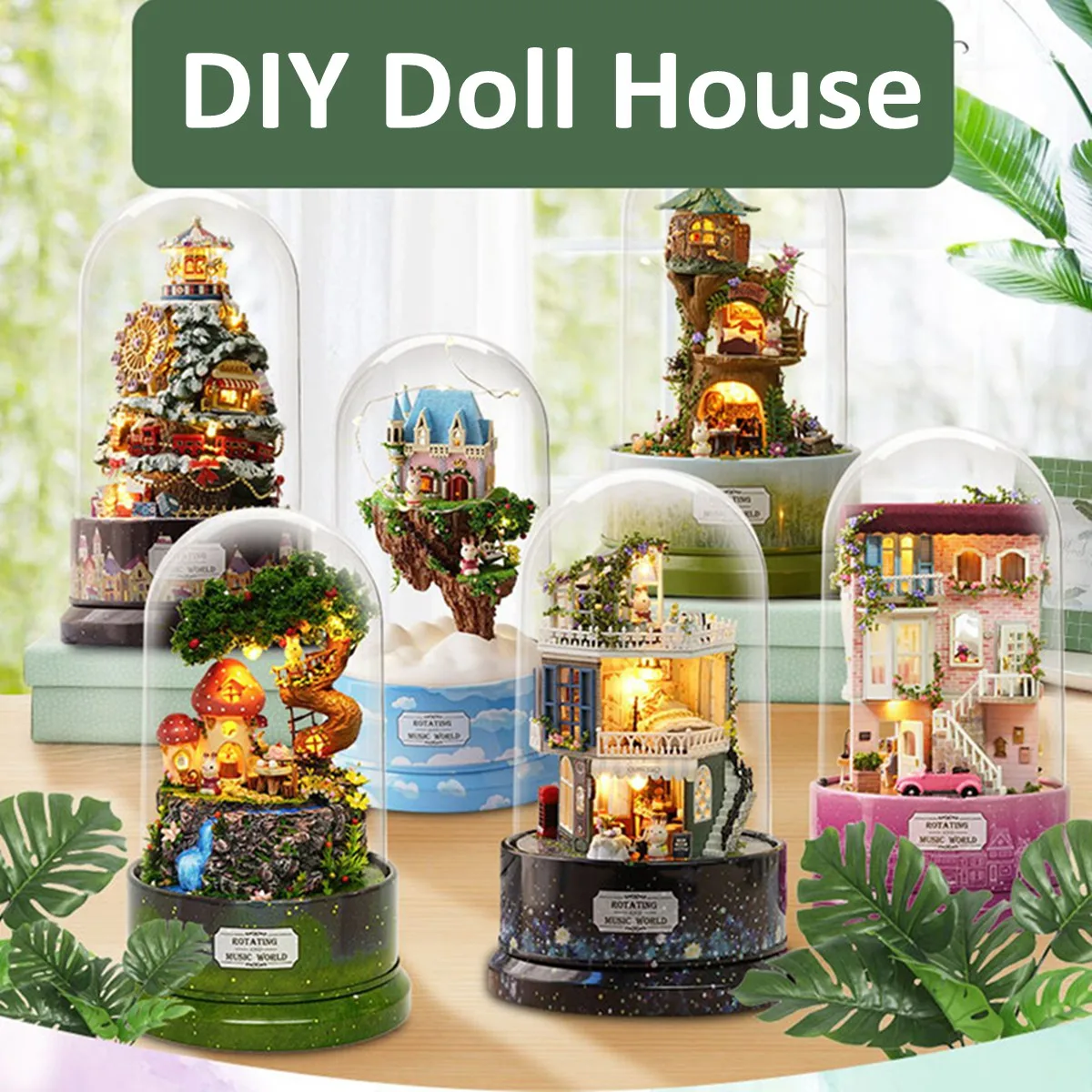 

Rotating Music Box DIY Dolls House Luminous Dollhouse Musical Case Cloche Handmade Miniature Kits Christmas Gifts Kids Toy