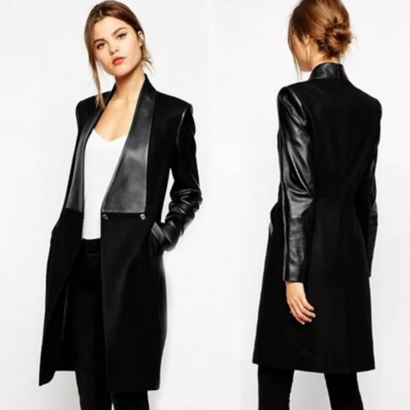 

Women Lapel Splicing Sexy Long Sleeve Slim Woolen Coat Leather Jacket Cardigan Slim Long Wild Coat