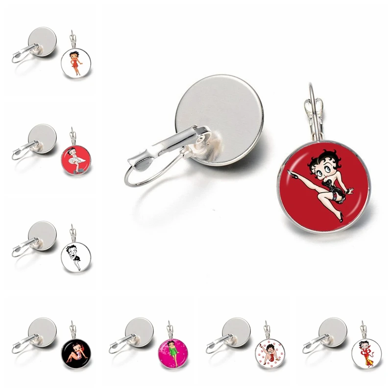 

Newest Trendy Betty Boop 16MM Glass Cabochon Earrings Harajuku Cute Cartoon Picture Silver Plated Stud Earrings For Women Girls