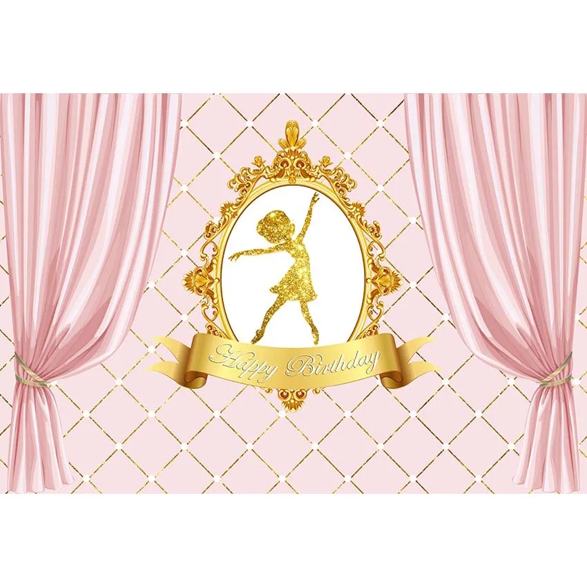 

Pink With Gloden Rim Photography Background Pink Curtains Little Dancer With Gloden Powder Backdrop For Girls Birthday Party