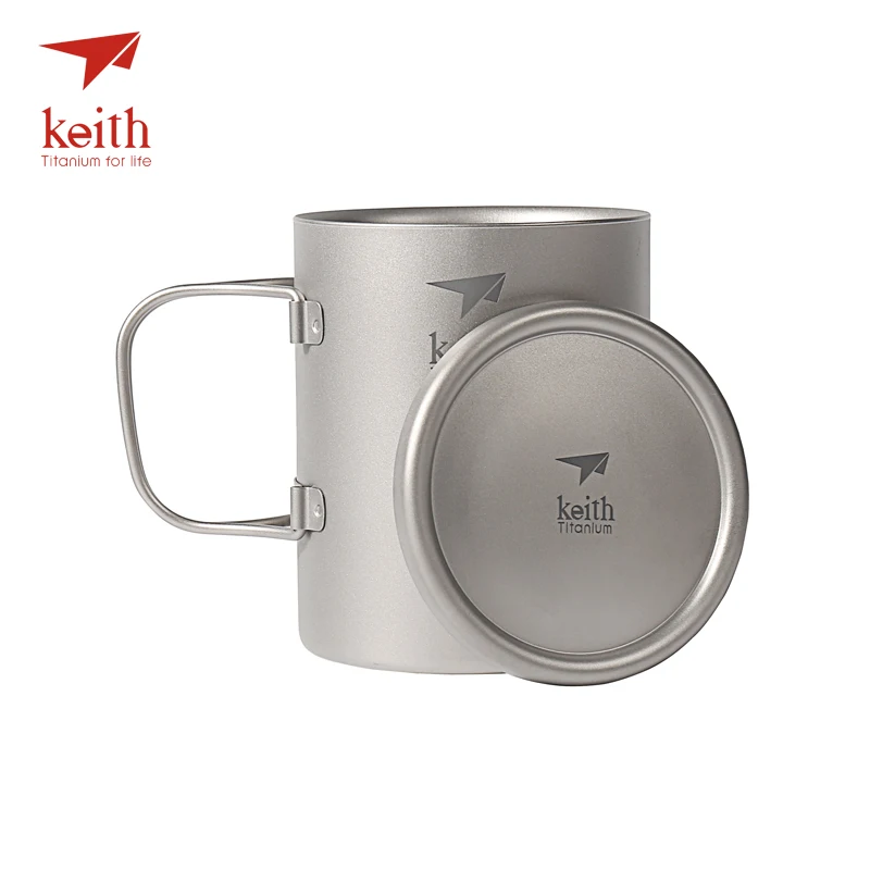 Keith Pure titanium кружки для воды с двойными стенками, Титановая Крышка со складными ручками, посуда для напитков на открытом воздухе, чашка для кемпинга, Ультралегкая кружка для путешествий