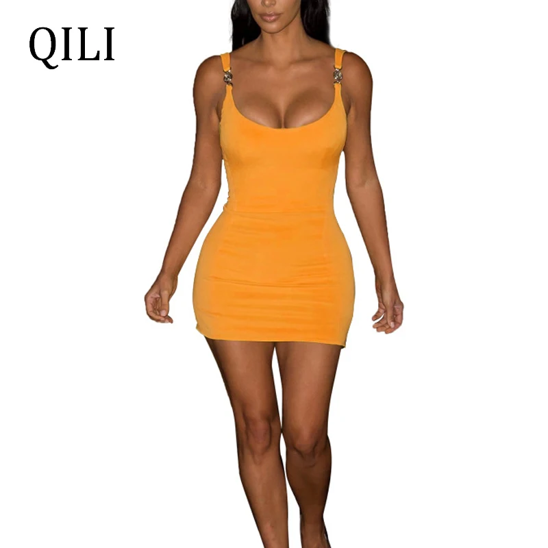 

QILI Women Tank Sleeve Dress Summer Square Neck Sleeveless Short Mini Dresses Sexy Club Dress Femme Wrap