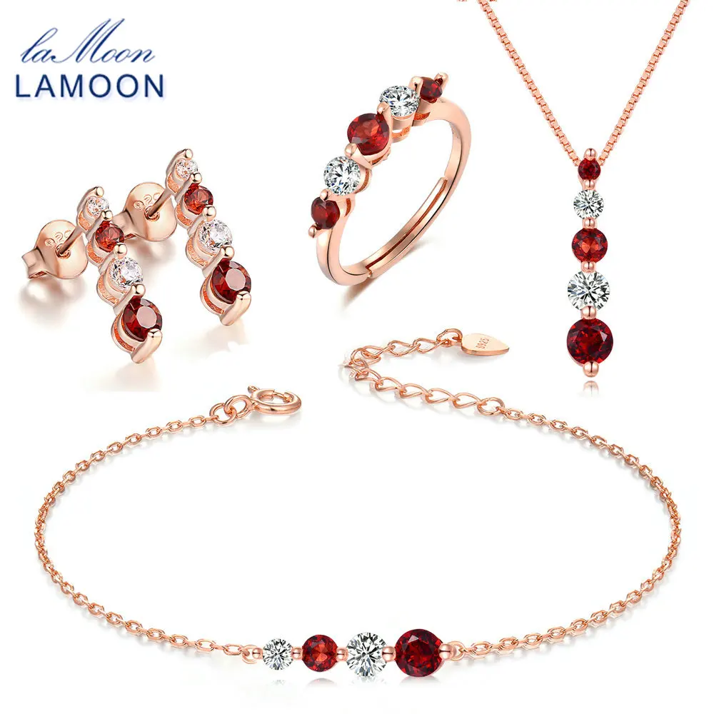 

LAMOON 925-sterling-silver Natural Red Garnet 3PCS Jewelry Sets Fine Jewelry for Women Wedding V041-1