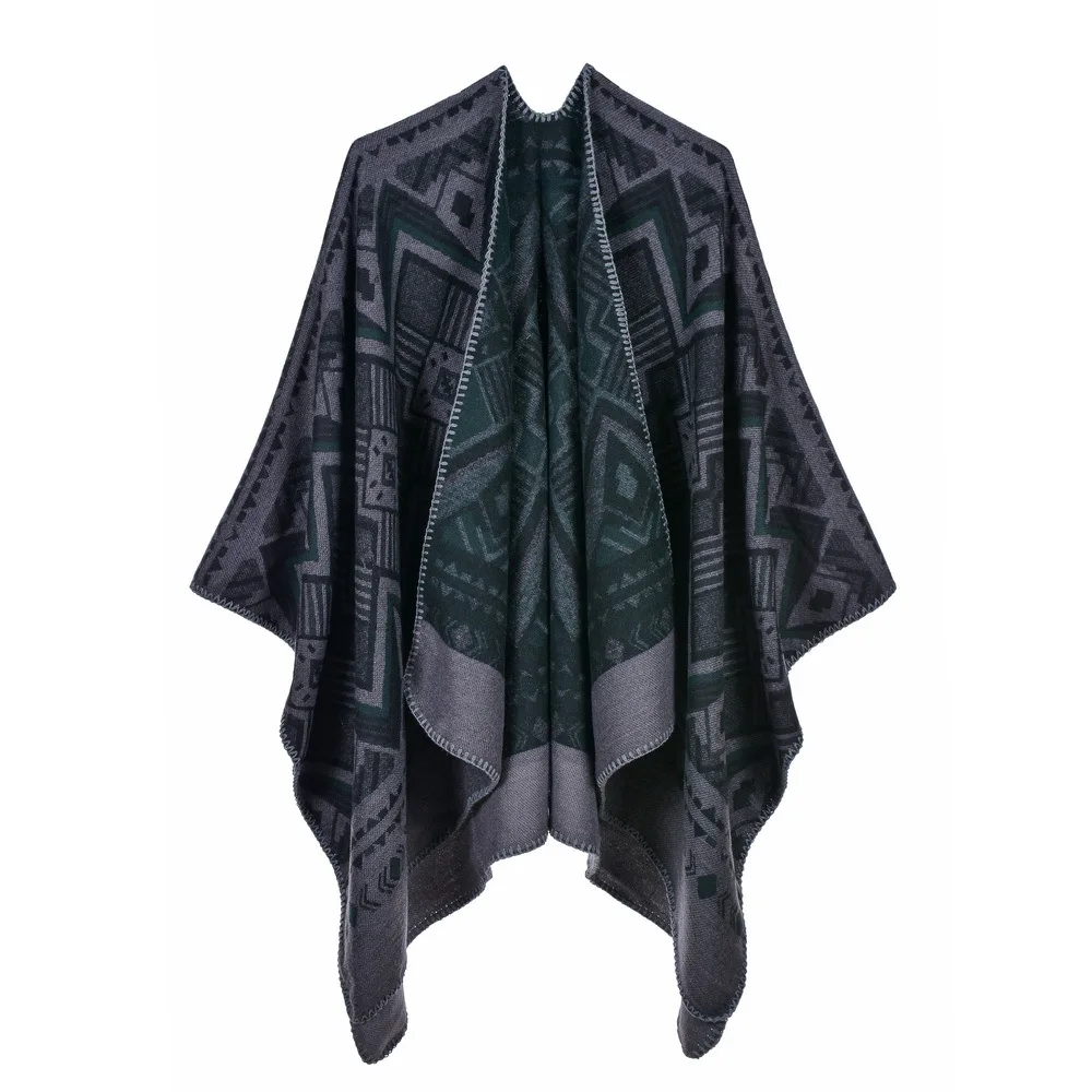 Ethnic Style Geometric Print Poncho Cashmere Scarves Women Winter Warm Shawls Wraps Brand Designer Pashmina Thick Capes Femme