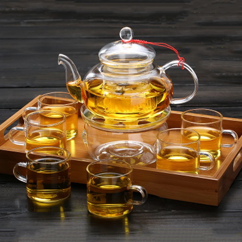 Все готово элегантный из стекла чайный сервиз боросиликатный стеклянный чайник с чашками бамбуковый чайный поднос чайный набор теплее стеклянный чайный горшок подарочный набор