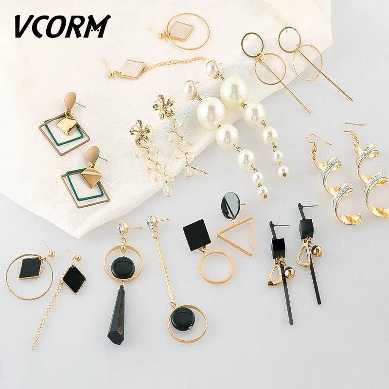 

VCORM Korean Gold Drop Earrings for Women Vintage Asymmetry Acrylic Pearl Metal Dangle Earrings 2019 Women Fashion Jewelry...