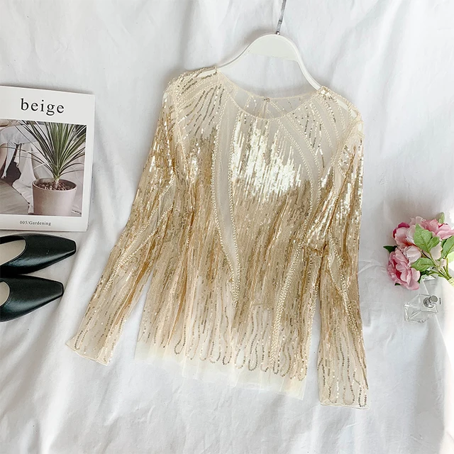 2019 Long Sleeve Women Bling Bling Blouses Sexy Hollow Out Sequined