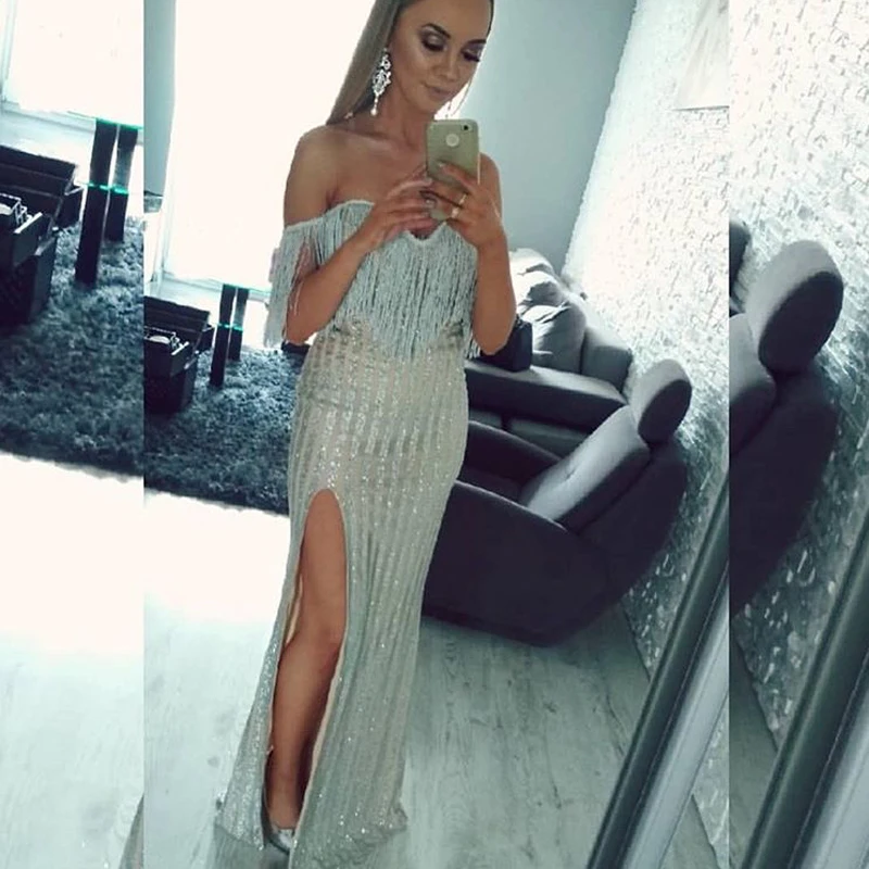 

Glittered Slit Side Sexy Maxi Dress Tassel Off The Shoulder Sleeveless Patchwork Hollow Out Evening Party Dresses