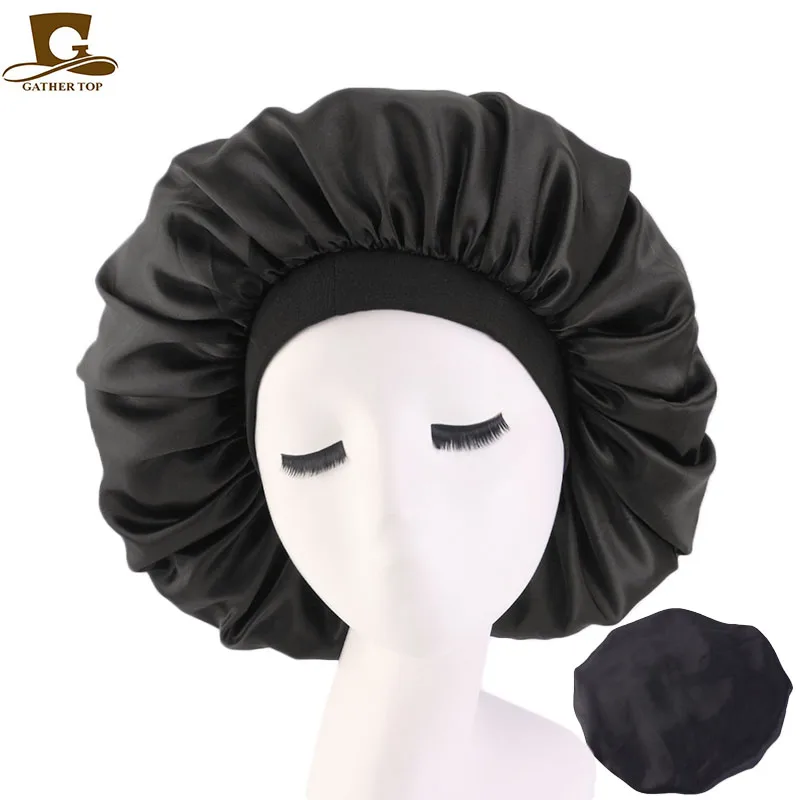 Novo tamanho grande feminino beleza impressão cetim de seda bonnet sono noite boné cabeça capa gorro chapéu para encaracolado cabelo elástico preto