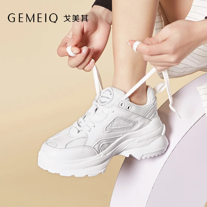 

GEMEIQ Genuine Leather Thick-soled Platform shoes Shoes Women 2019 Spring New mesh Breathable casual Sports Daddy Shoes