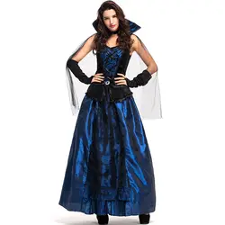 Взрослых Для женщин Хэллоуин суд Wizardress зла queen вампира средневековой Высокий воротник синий готический платье халат платье для дам