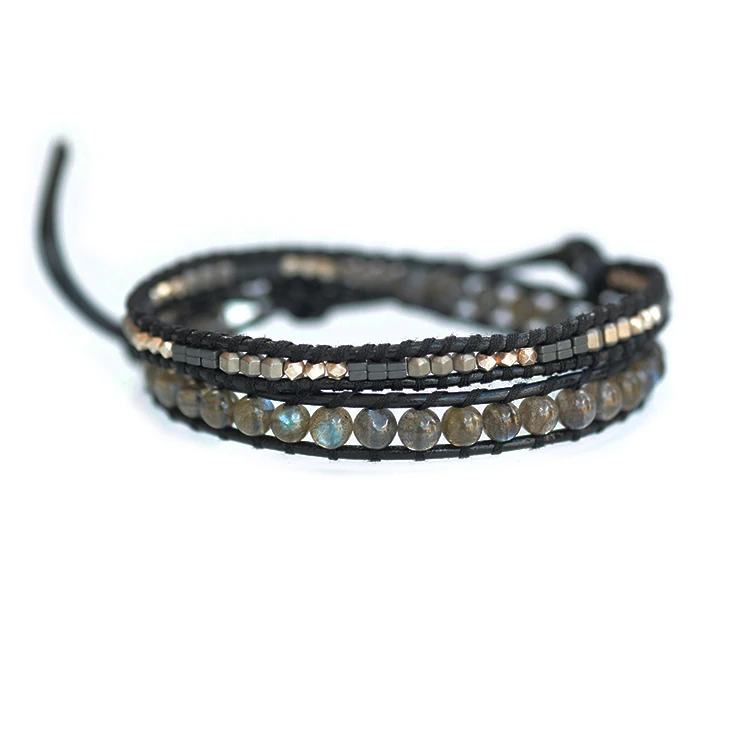 

Lotus Mann A-level shining labradorite and 925 silver beads black gallstone 2 ring black leather rope bracelet simple