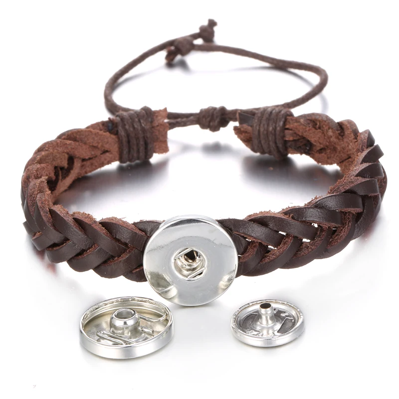 New SE0085 Beauty Twist braided manual Leather snap bracelet bangle adjustable fit 18MM snap buttons