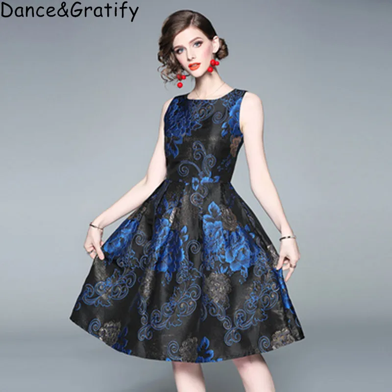 

New 2019 Spring High Quality Women Jacquard Ball Gown Party Dress Elegant Ladies Sleeveless Tank Office Work Dress Plus Size XXL
