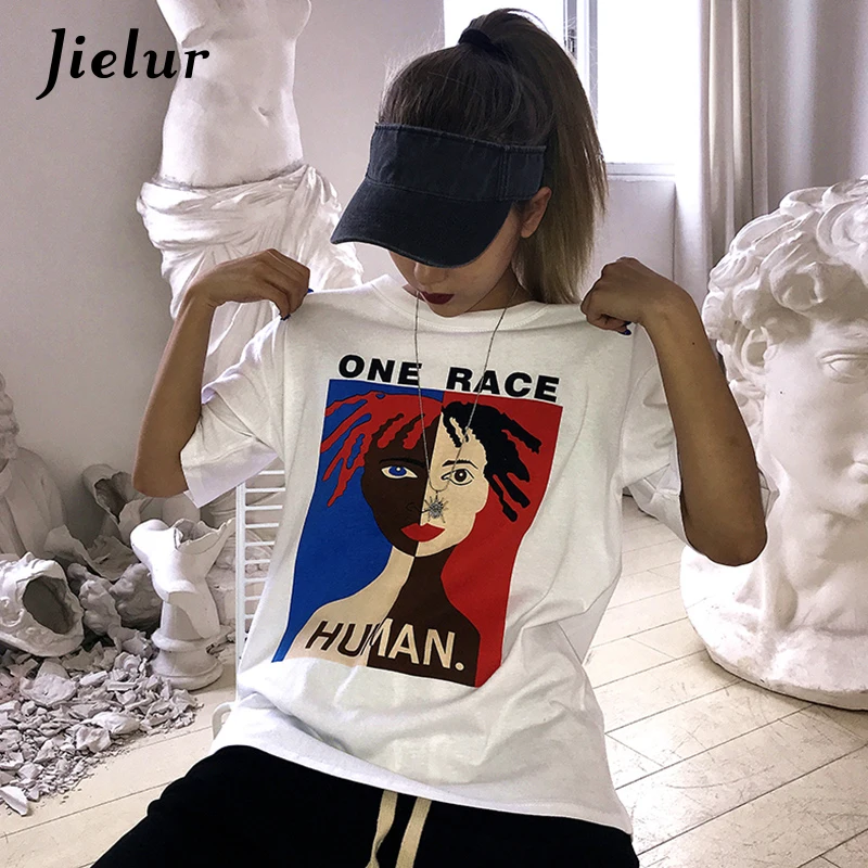 

Jielur Letter Human Printed Funny T-shirt White Hit Color Cool Cartoon T shirts Women Chic S-XL Loose Camiseta Feminina Dropship