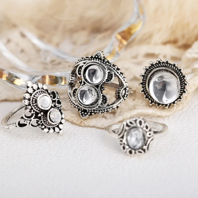 Boho Vintage OM Heart Crown Flower Ring Set for Women 2019 New Bohemian Sliver Midi Fingers Knuckle Rings Crystal Party Jewelry