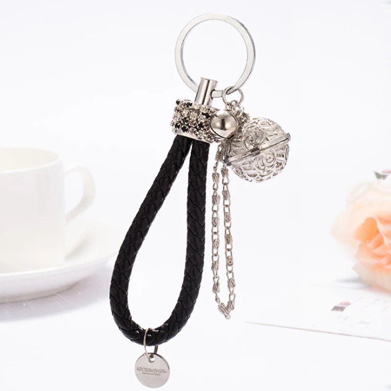 Crystal PU Leather Key Chain Hollow Bell Keychain Braided Woven Rope