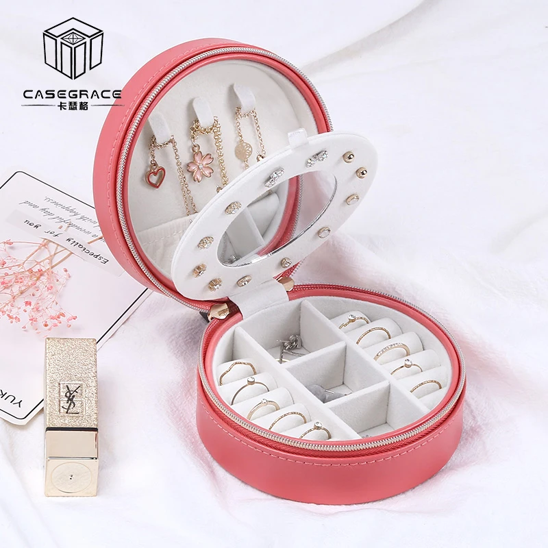 

Casegrace New Korean Creative Small Jewelry Box Portable Travel Jewelry Box Leather Necklace Earrings Storage Box Round Pattern