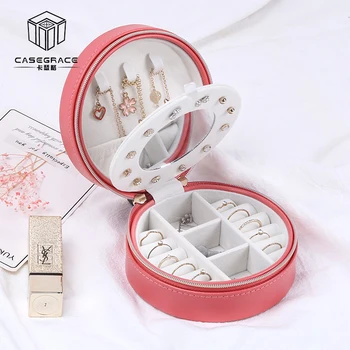 

Casegrace New Korean Creative Small Jewelry Box Portable Travel Jewelry Box Leather Necklace Earrings Storage Box Round Pattern