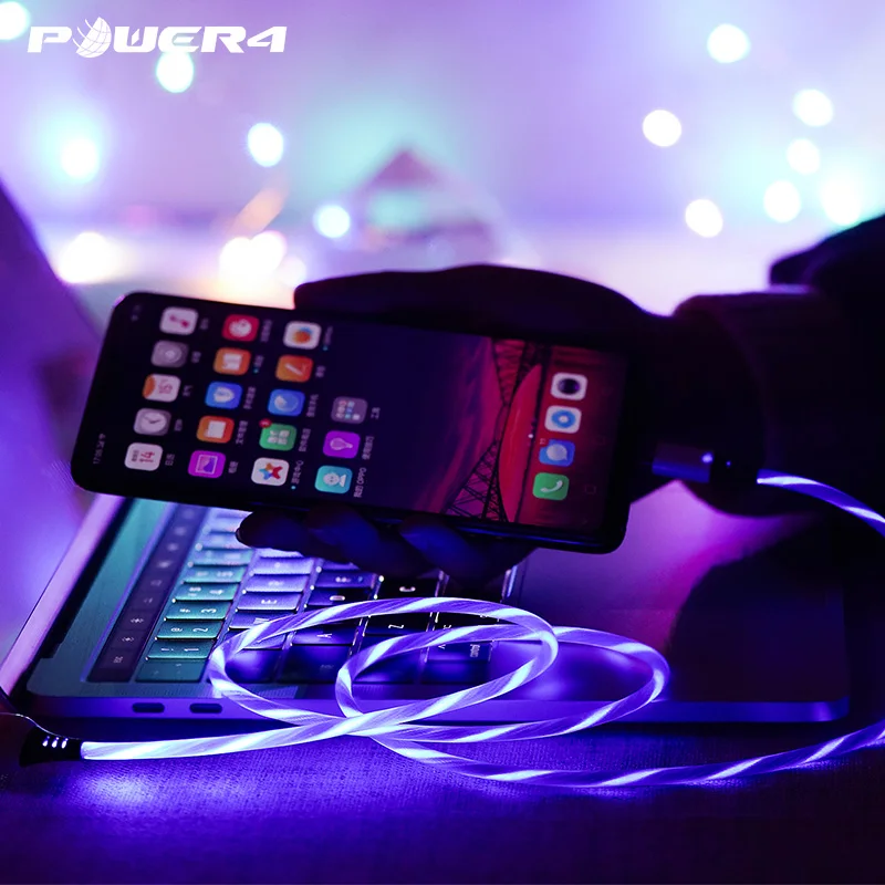 Светящиеся USB кабели Power4 для Lightning/Micro/USB Type C провод iPhone зарядный кабель Samsung S9