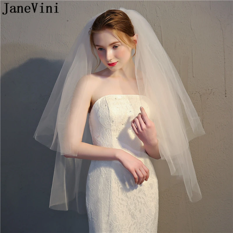 JaneVini 2020 Simple Short Wedding Veils with Comb Two Layers Elbow Length Veils Cut Edge Soft Tulle Bridal Wedding Accessories