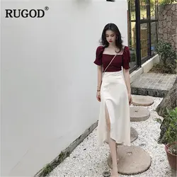 RUGOD 2019 Новая Элегантная Женская однотонная винно-красная рубашка или белая тонкая юбка с квадратным воротником, рубашка с короткими