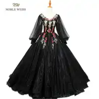 NOBLE WEISS Black Ball Gown Quinceanera Dresses With Appliques Organza V-Neck Floor-Length Formal Prom Dress With Long Sleeves