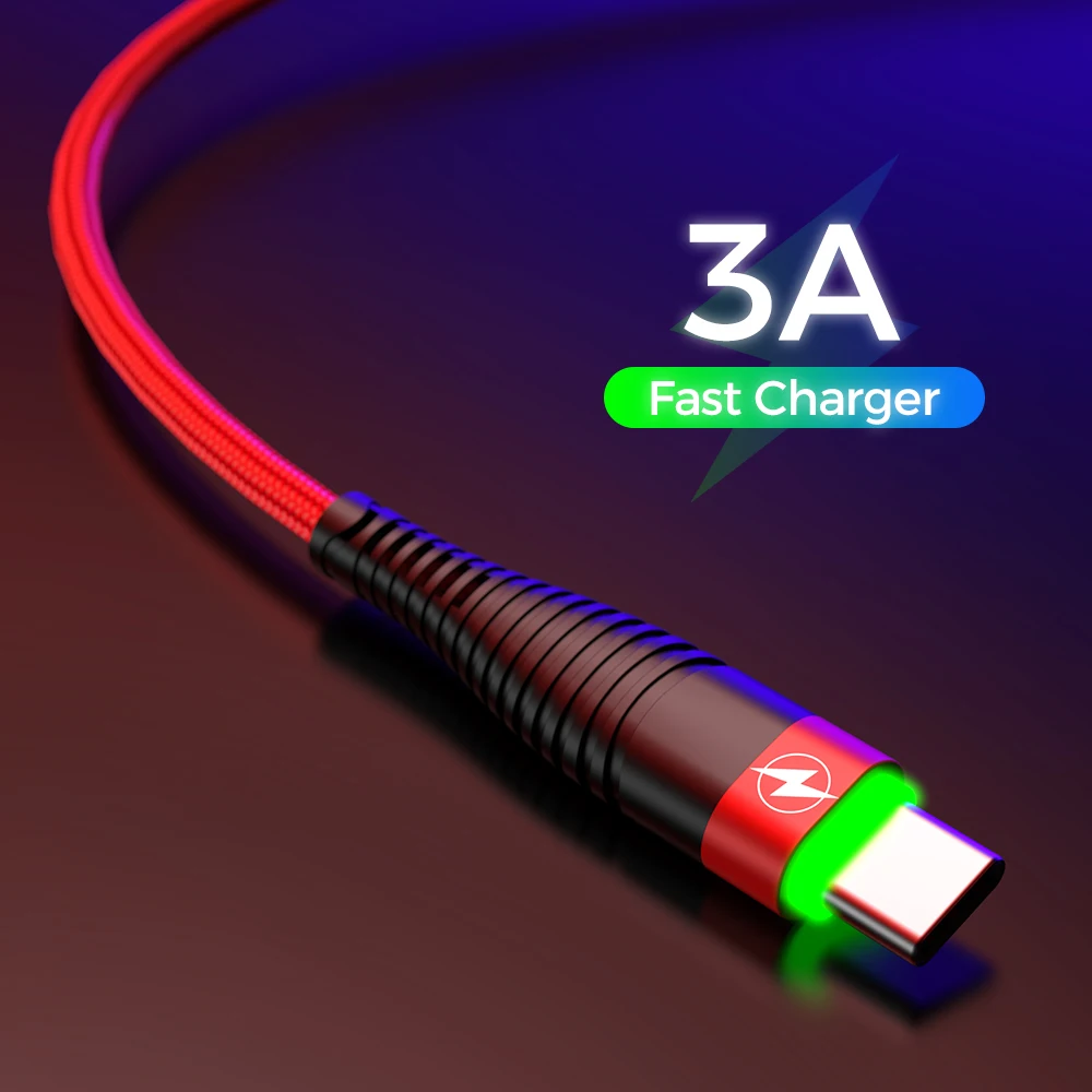 

USB Type C Phone Cable 3A LED Light For Samsung S10 S9 S8 Xiaomi Huawei Quick Charge QC 4.0 USB-C Fast Charging Data Cord
