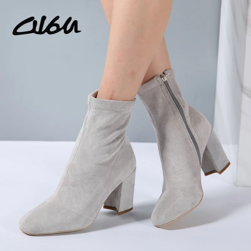 

O16U Brand Women Kid Suede Short Boots ZIP Thick Heel High Gray Black Ladies Ankle Boots Thin Shoes Plush Fashion Bootie Winter